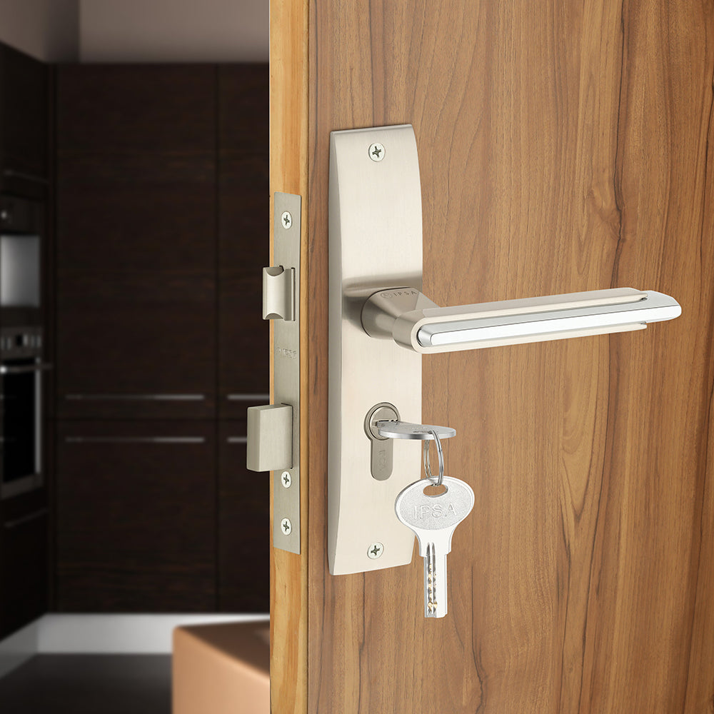IPSA Lead Iris Handle Series on 8" Plate CYS Lockset with 60mm One Side Key and Knob - Matte Satin Nickel Finish CPS